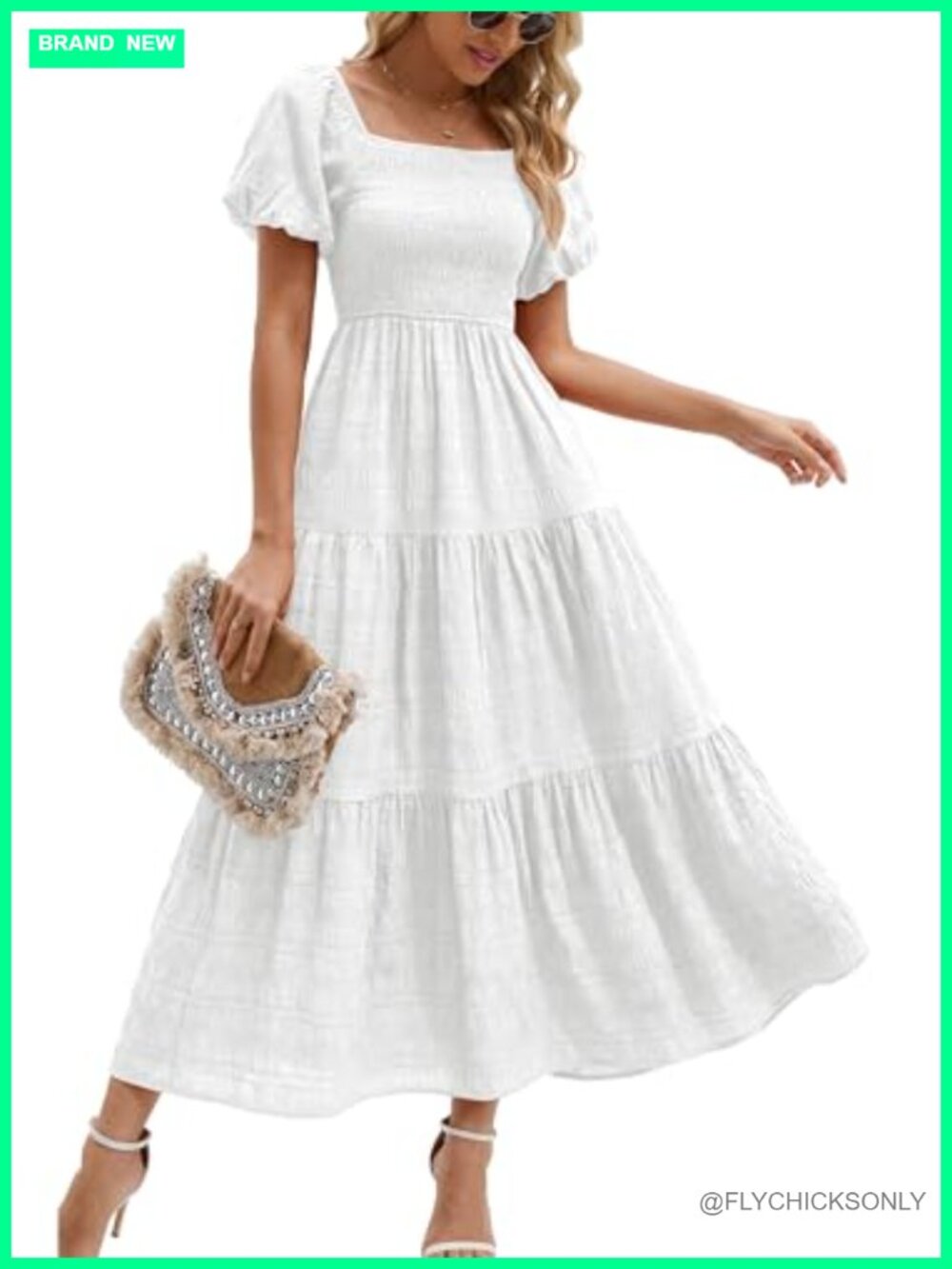 Womens Puff Short Sleeve Square Neck Maxi Dress Polyester Elastane